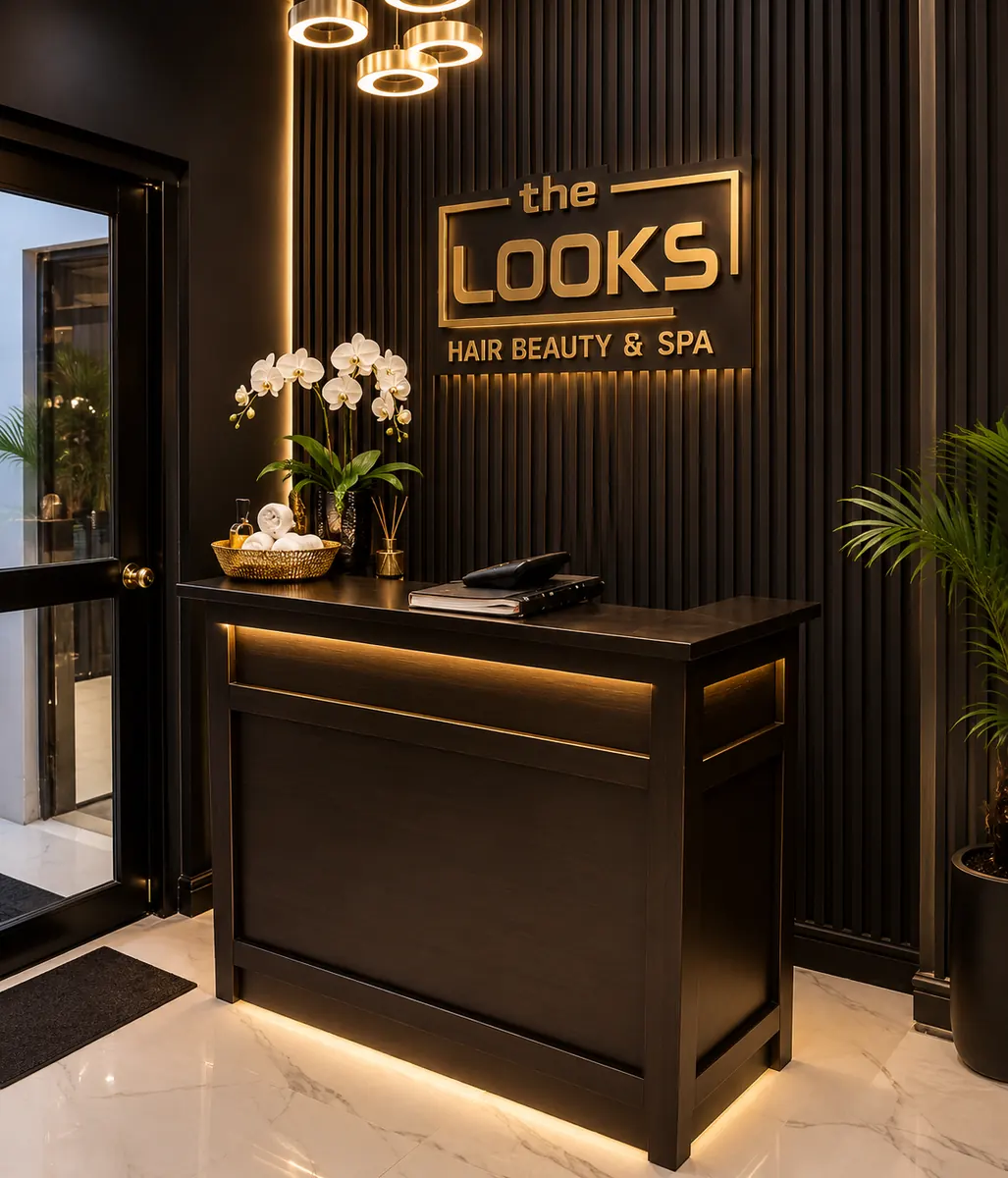 The Looks reception area with black and gold branding